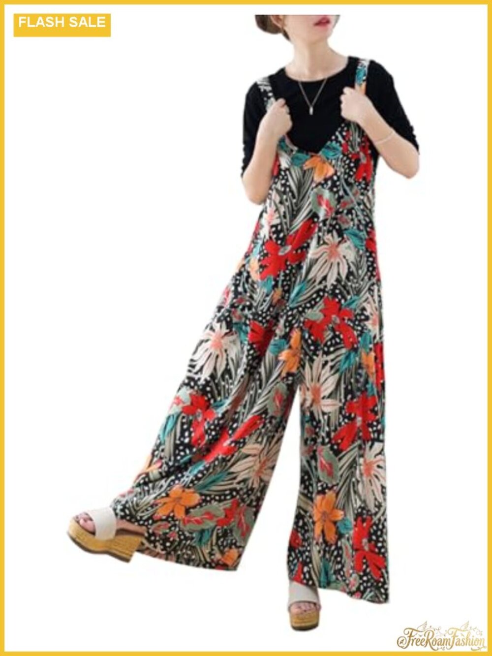 Wide Leg Jumpsuits for Women Sleeveless V Neck Boho Rompers with Pockets Rayon